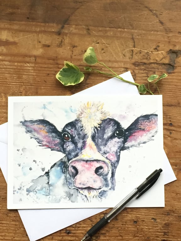 Silly Moo Friesian Cow Card, A5 blank greeting card with a watercolour cow