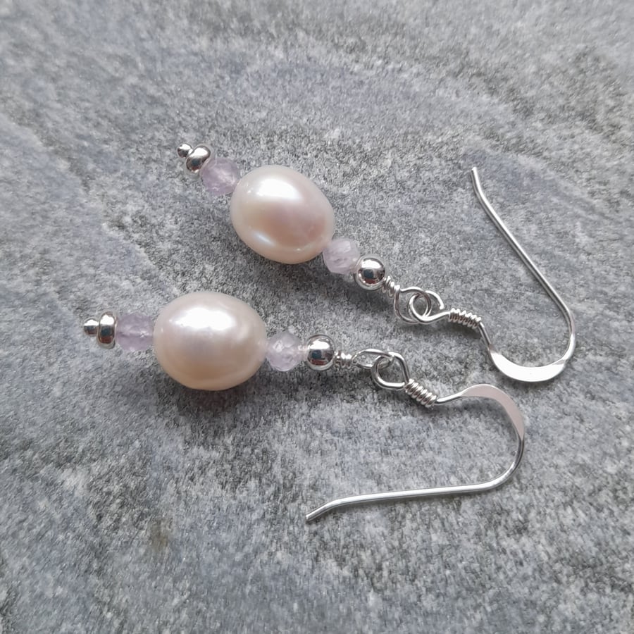 Freshwater Cultured Pearl and Lilac Amethyst Sterling Silver Drop Earrings