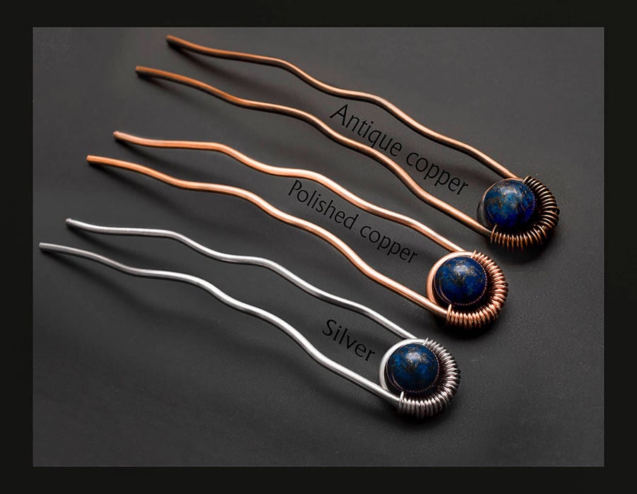 Lapis Lazuli Antique Hair fork ,smooth antique wire hair fork,Copper Hair Stick,