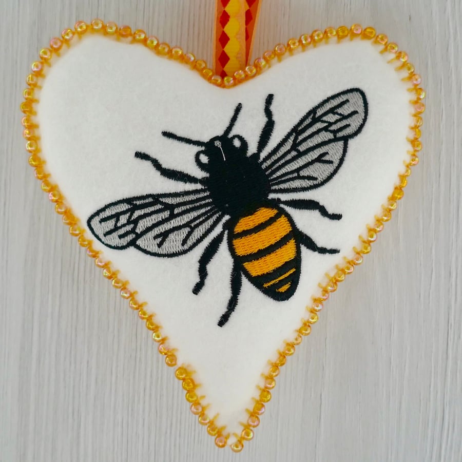 Embroidered Felt Hanging Heart Beaded 12.5cm - Bee