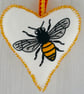 Embroidered Felt Hanging Heart Beaded 12.5cm - Bee