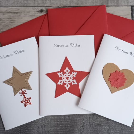 Pack of 3 Assorted Handmade Christmas Cards With Red Envelopes. Free Delivery