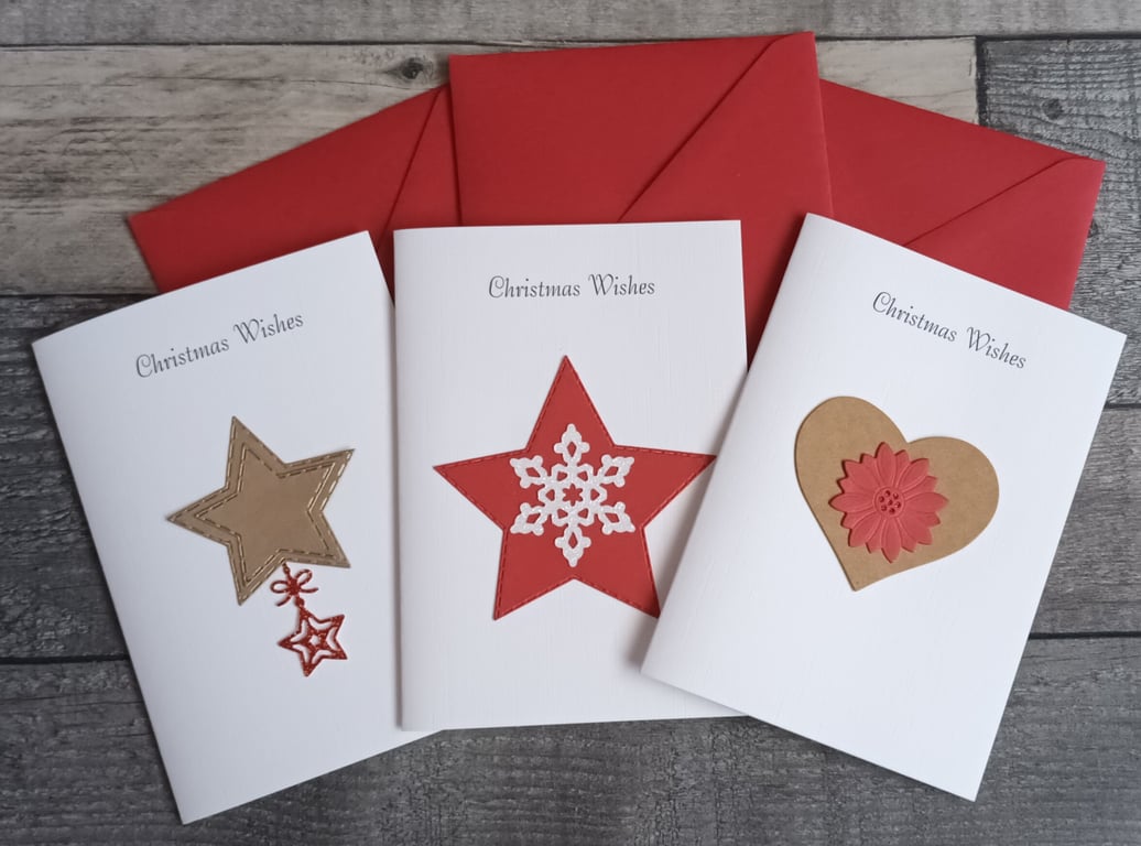 Pack of 3 Assorted Handmade Christmas Cards With Red Envelopes. Free Delivery