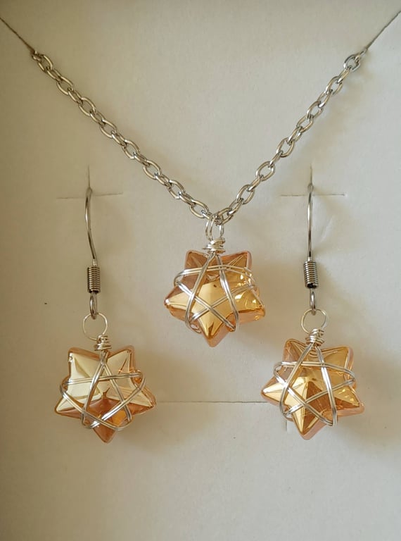 Wire Wrapped Star Necklace and Earrings - Orange