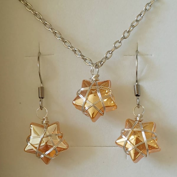 Wire Wrapped Star Necklace and Earrings - Orange