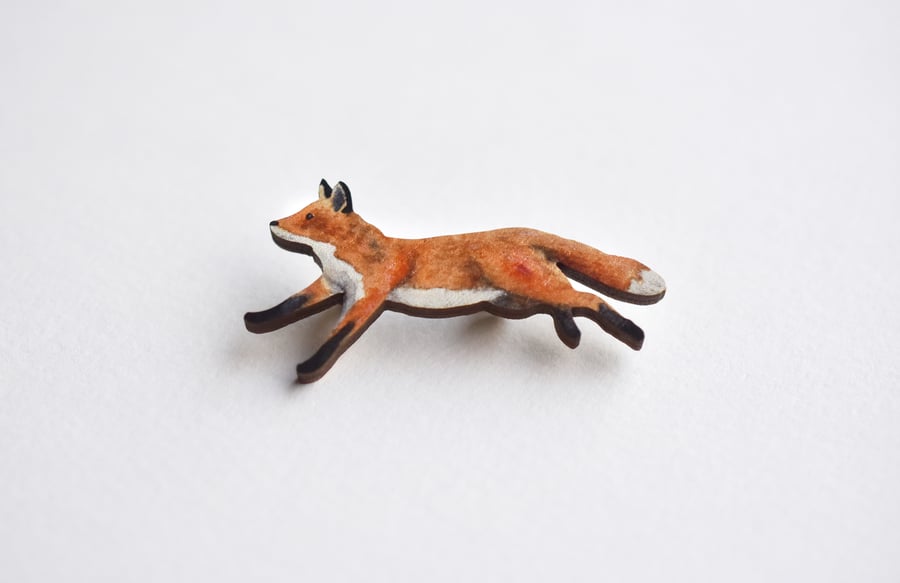 Running fox pin badge, wooden illustrated jewellery, eco friendly gift
