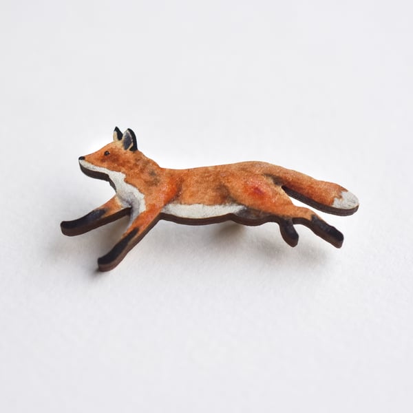 Running fox pin badge, wooden illustrated jewellery, eco friendly gift
