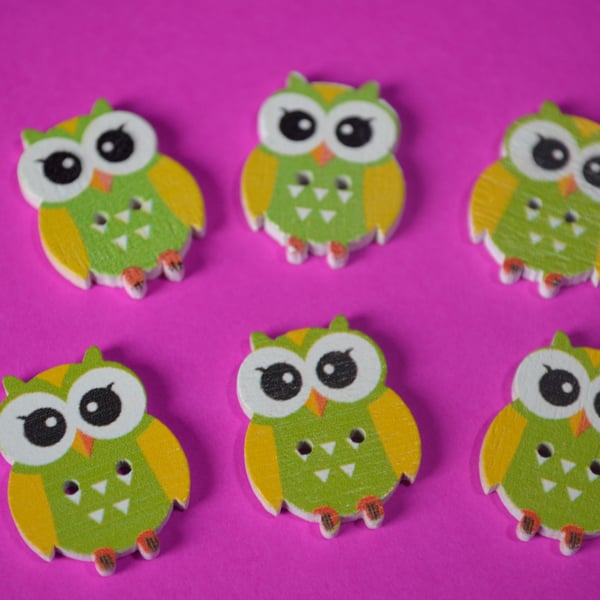 Wooden Owl Buttons Green Yellow Cute Bird 6pk 23x18mm (O4)