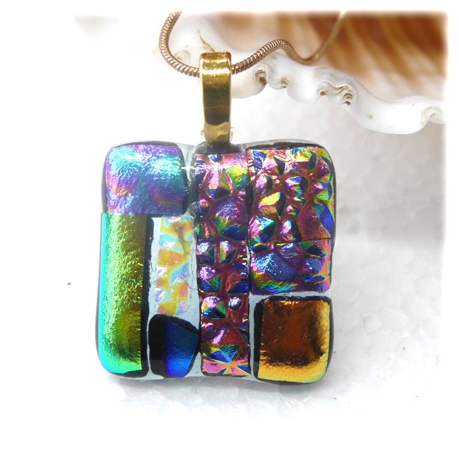 Patchwork Pendant Dichroic Glass P007 Gold plated chain