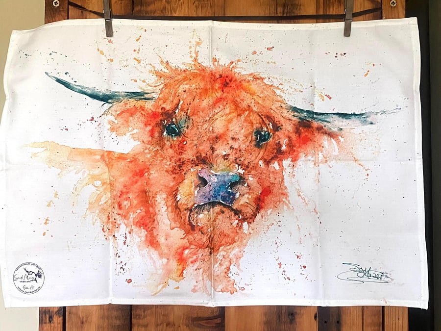 Highland Cow Tea Towel, Wildlife Art Tea Towel, 100% Cotton, Homeware, Textiles,