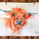 Highland Cow Tea Towel, 100% cotton with a watercolour art print by Sandi Mower
