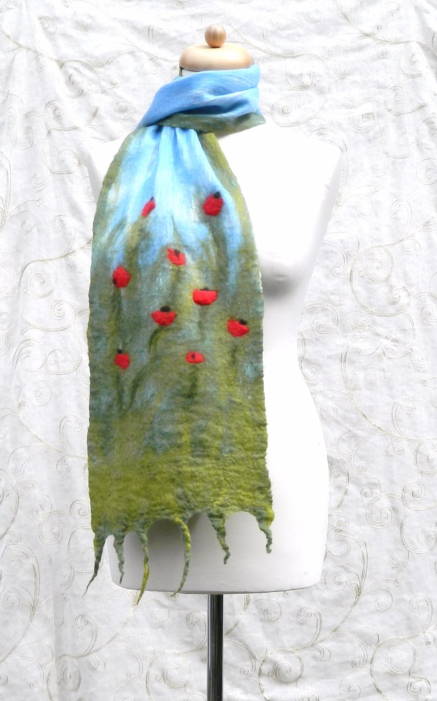 Red Green Poppy Scarf Shawl Wrap Gifts for Women Silk and Wool Felted Nuno