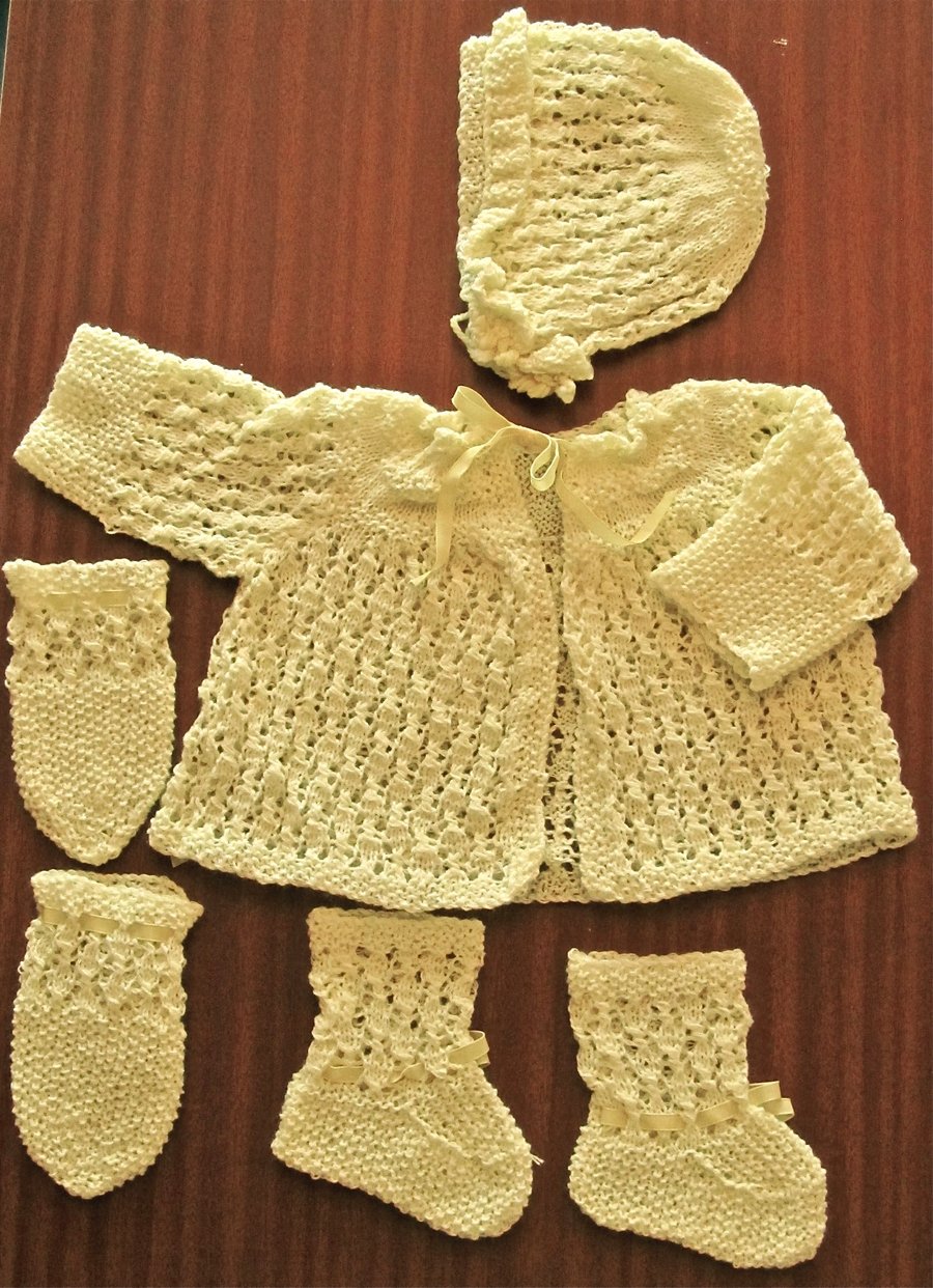 Hand Knitted Newborn Baby Set, Yellow Matinee Jacket, Bonnet, Mittens & Booties