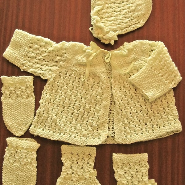 Hand Knitted Newborn Baby Set, Yellow Matinee Jacket, Bonnet, Mittens & Booties