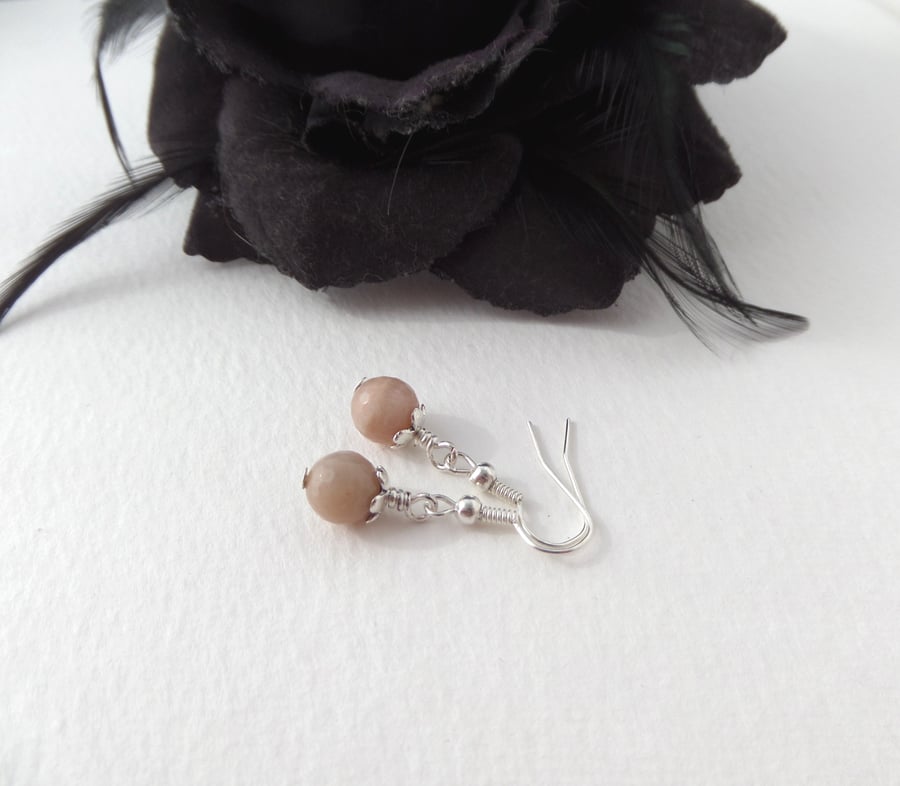 Sunstone Beige Silver Earrings, Neutral Modern Dangle Earrings