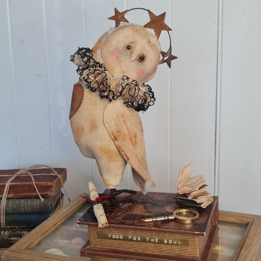 The sagacious owl handmade soft sculpture textile art
