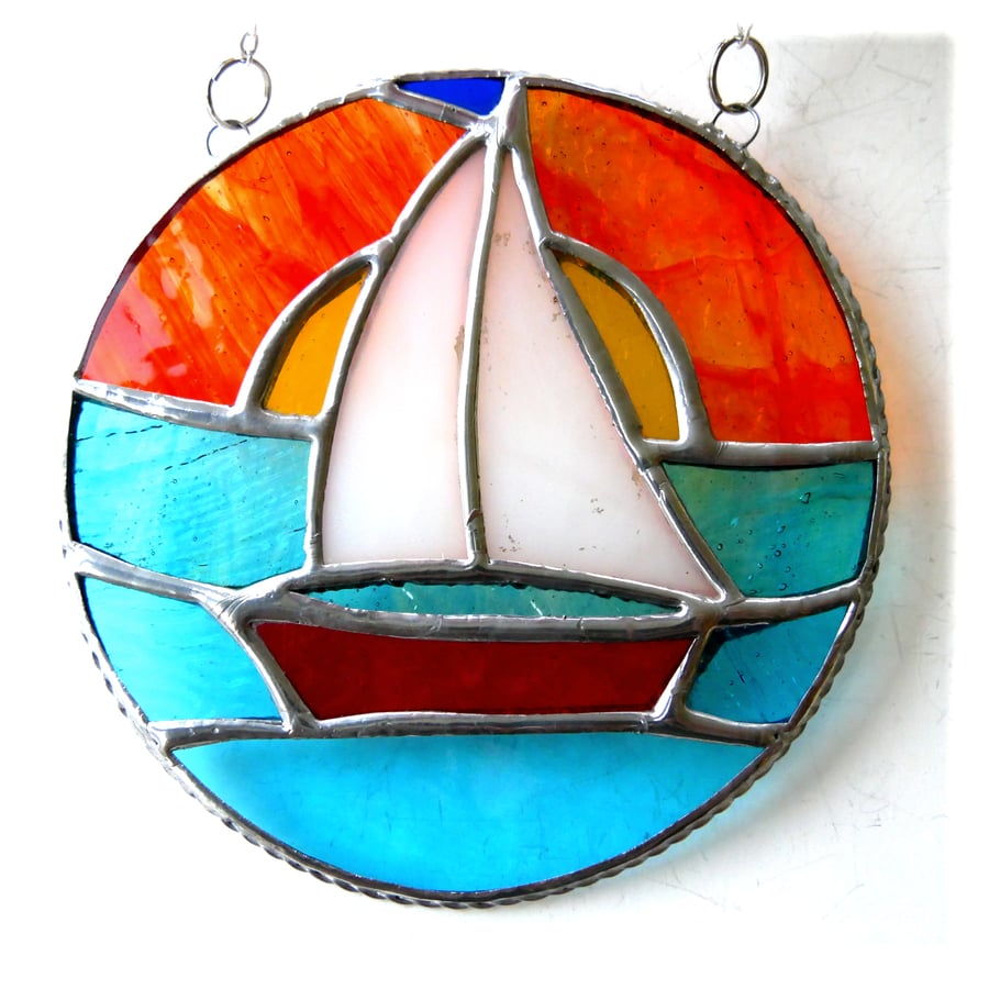 Sailboat Sunset Stained Glass Suncatcher Handmade Ring 028