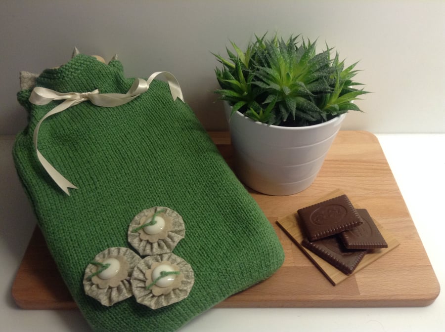 Hand Knitted Lined Hot Water Bottle Cover - Green