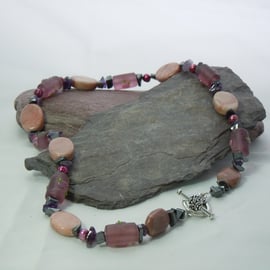 Jasper, Hematite, Amethyst, freshwater pearls & glass barrel beads necklace