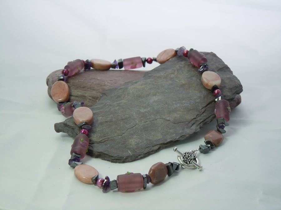 Jasper, Hematite, Amethyst, freshwater pearls & glass barrel beads necklace