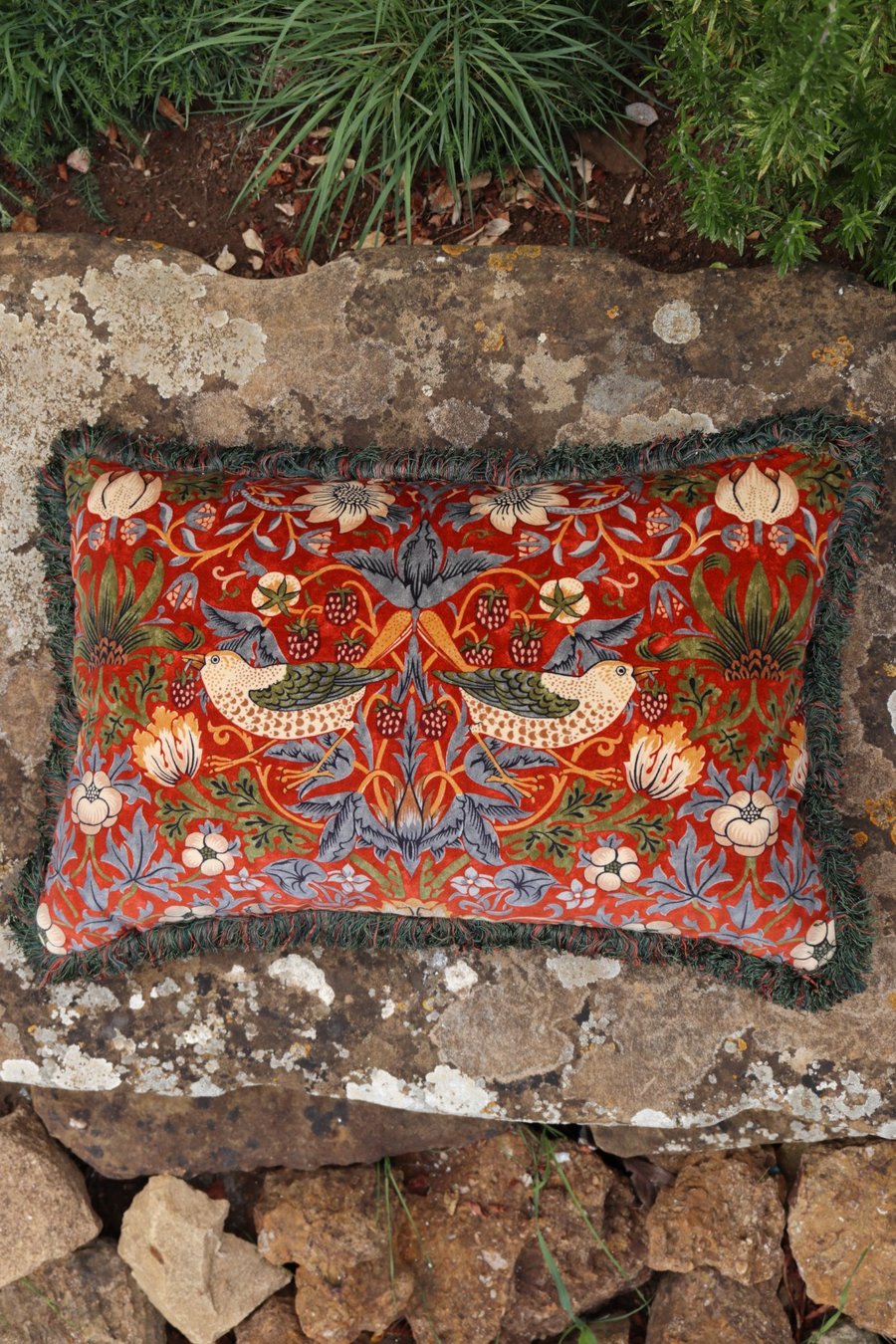 William Morris Velvet Cushion Cover with Chunky Fringe