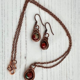 Wire Wrapped Brown & Green Jade Pendant & Earrings Set