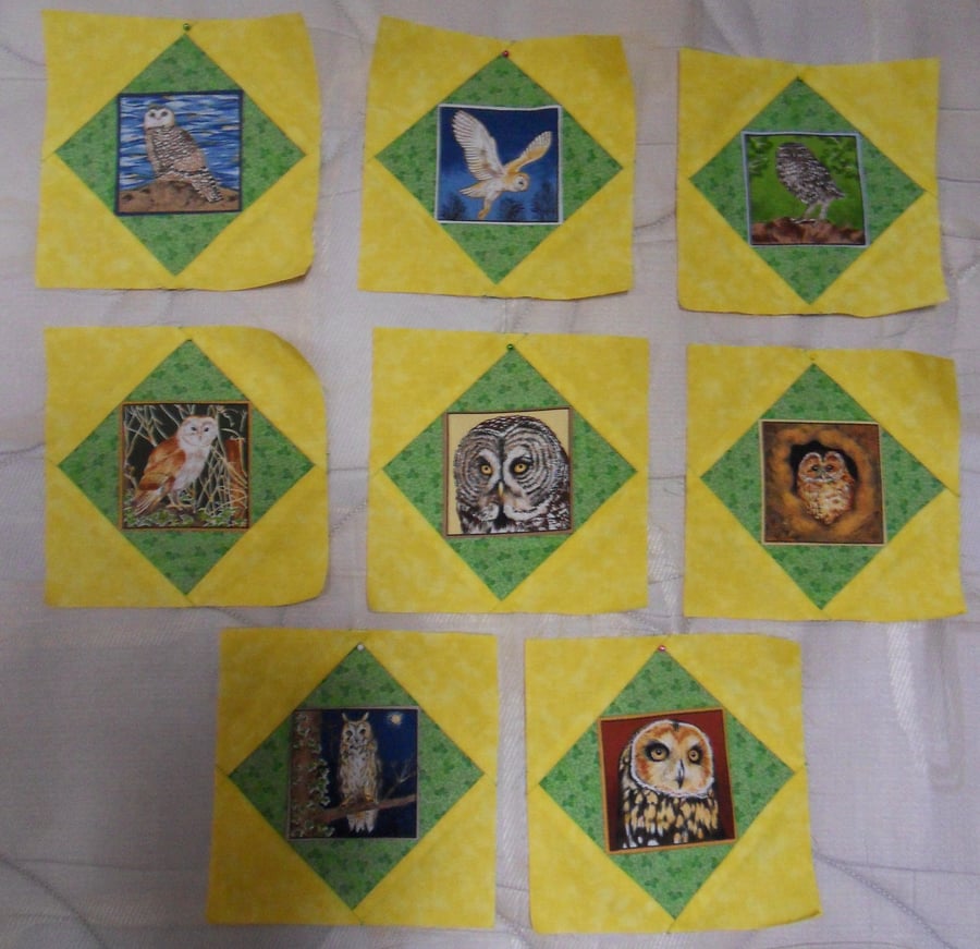 Homemade 8 yellow Owl quilt blocks. 6 half inch square. 100% cotton