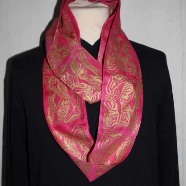 Pink and gold abstract hand printed infinity scarf, up-cycled scarf, gift