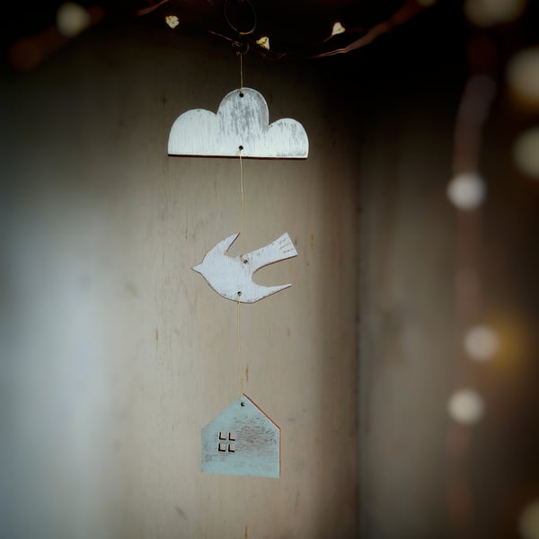 Wanderlust Drop Mobile, Cloud, Bird & Cabin Mobile, Wooden Hanging Decoration