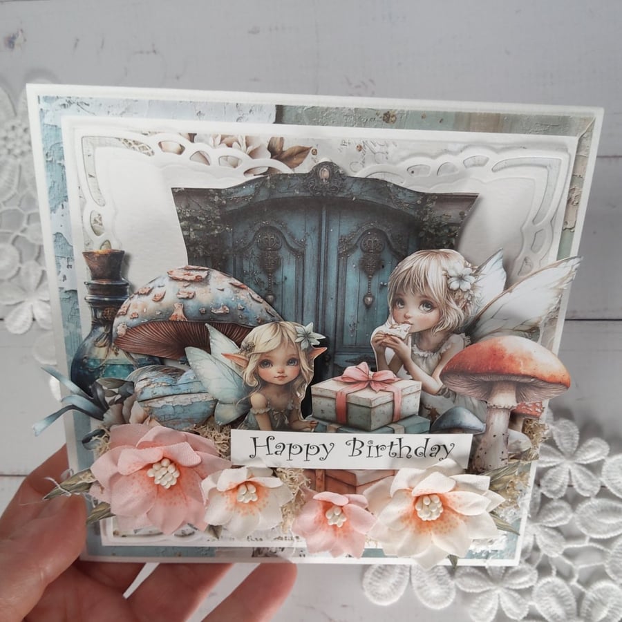 Handmade Fairy Birthday Card with Pop Up Inside (129) 3D Floral Card - 14x14cm.