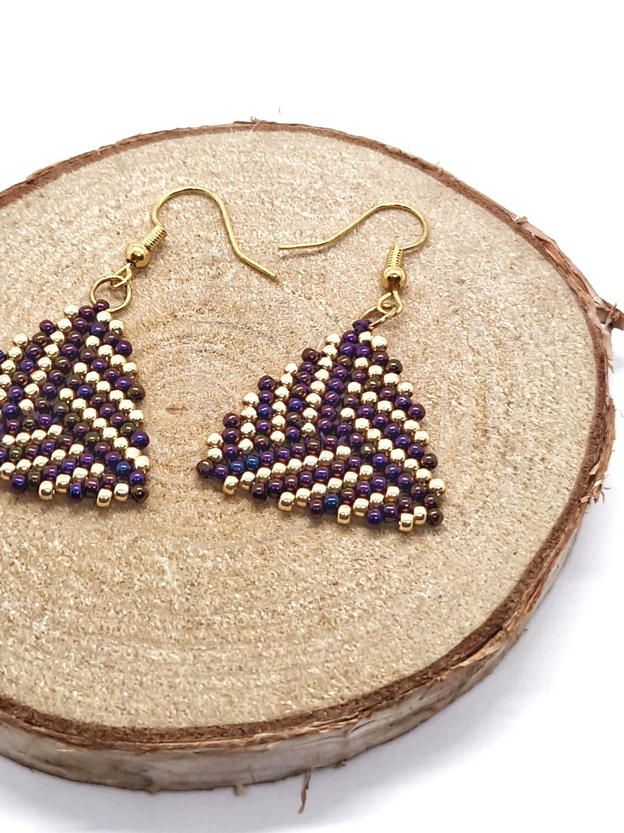 Metallic purple and gold psychedelic stripes tribal triangle earrings