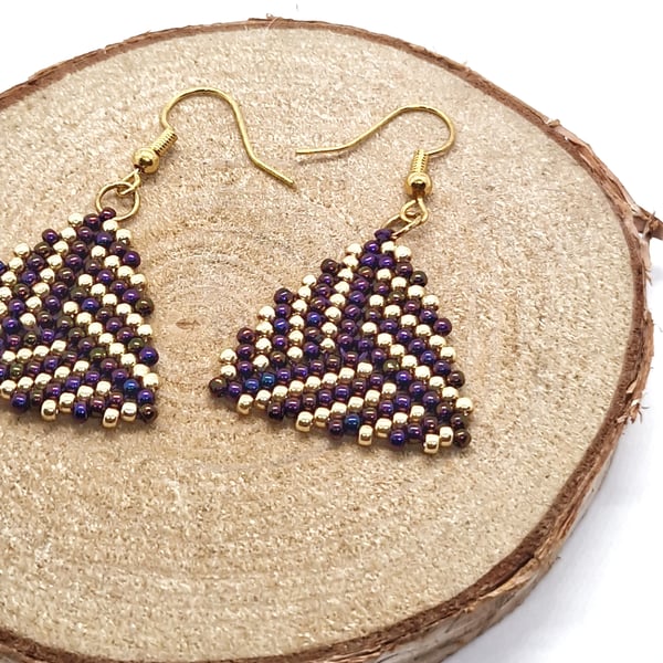 Metallic purple and gold psychedelic stripes tribal triangle earrings