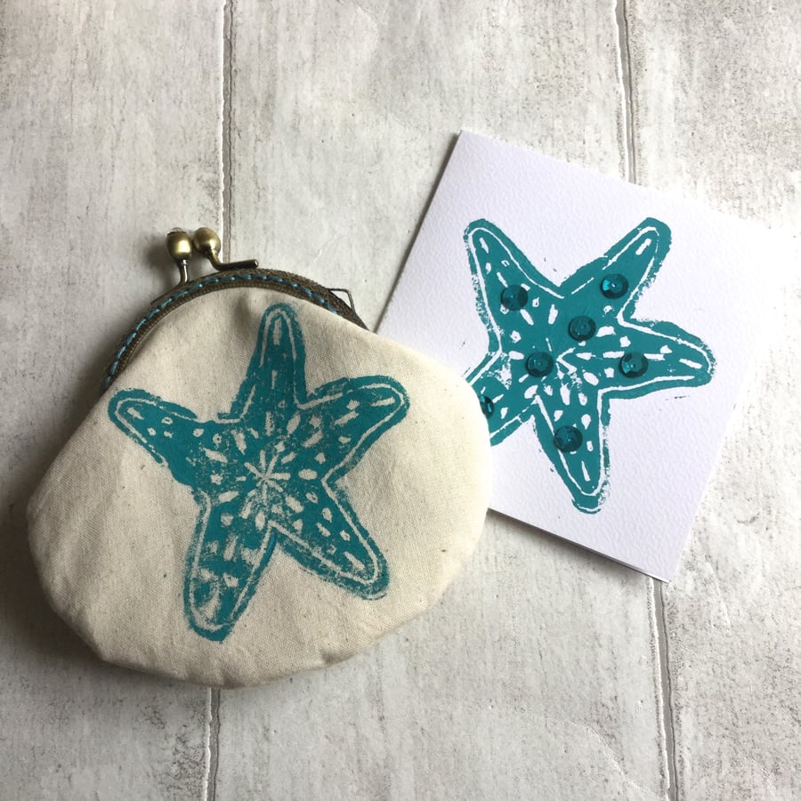 Calico Lino Print Starfish Clasp Coin Purse & Matching Blank Card