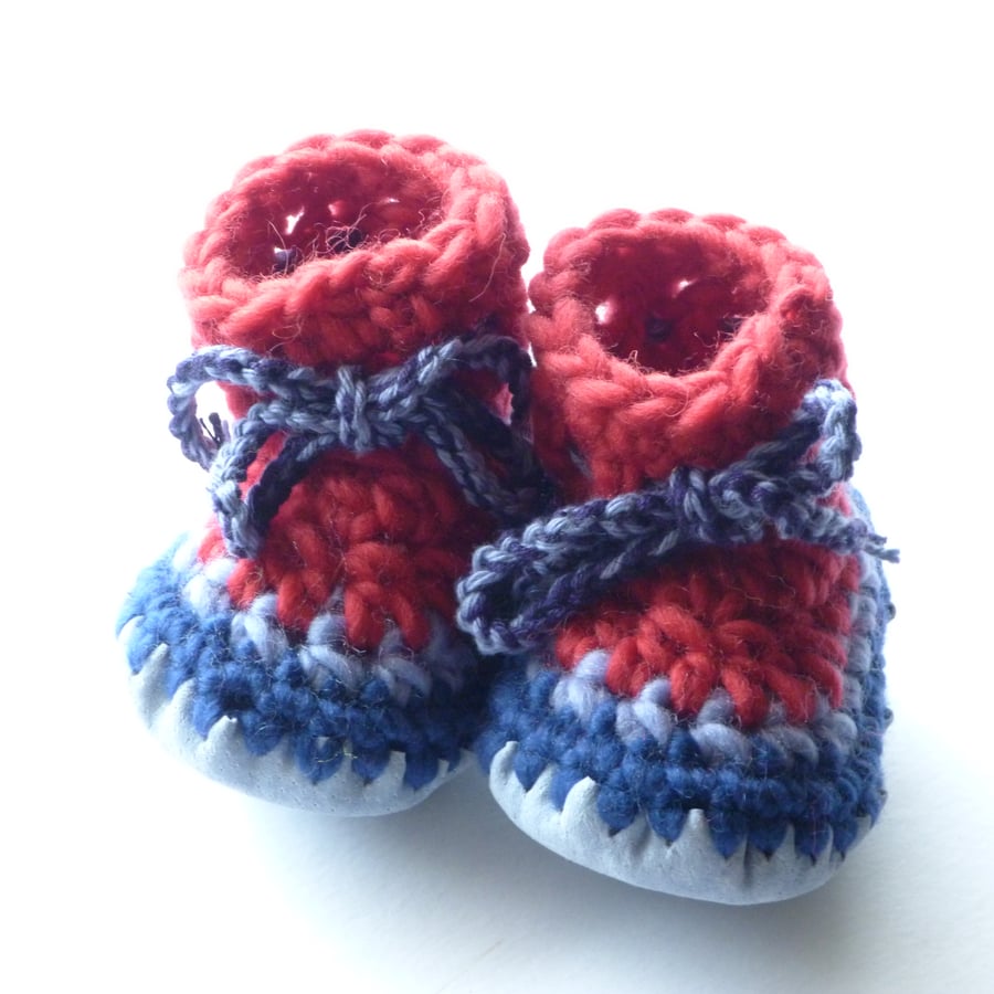 Wool & leather baby boots - red & blue - 3-6 months