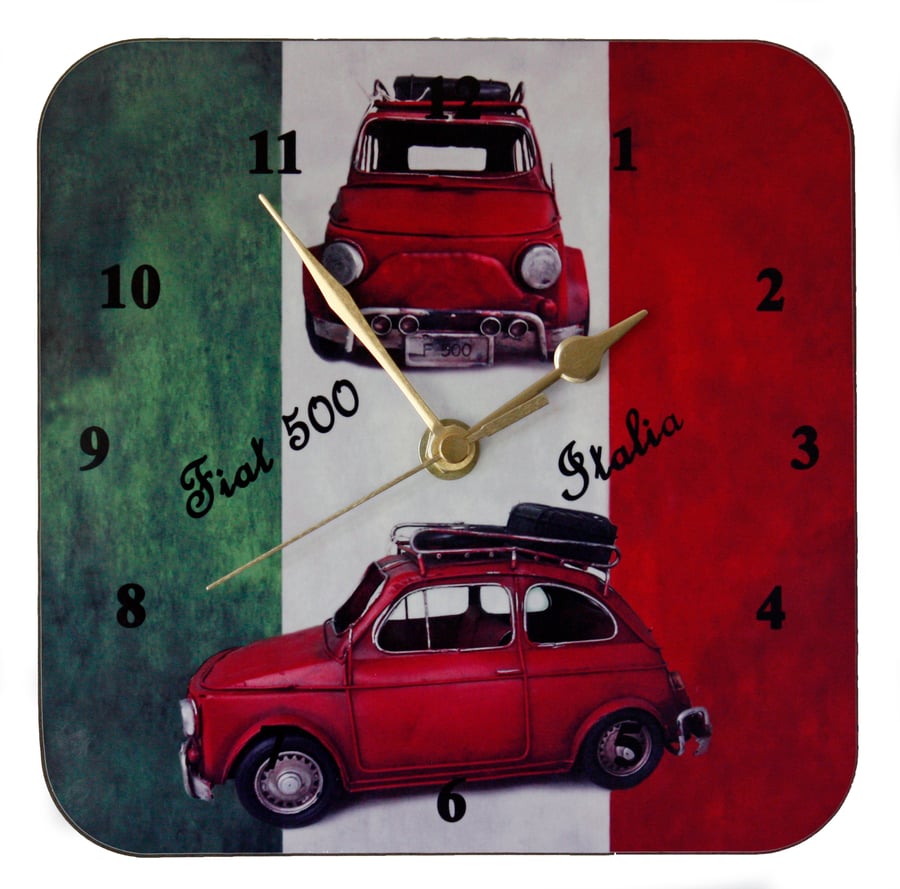 Wall Clock - Classic Fiat 500 on an Italian Flag from original photographs