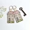 House key ring, pink fabric house shaped keyring, house key fob, house keyring