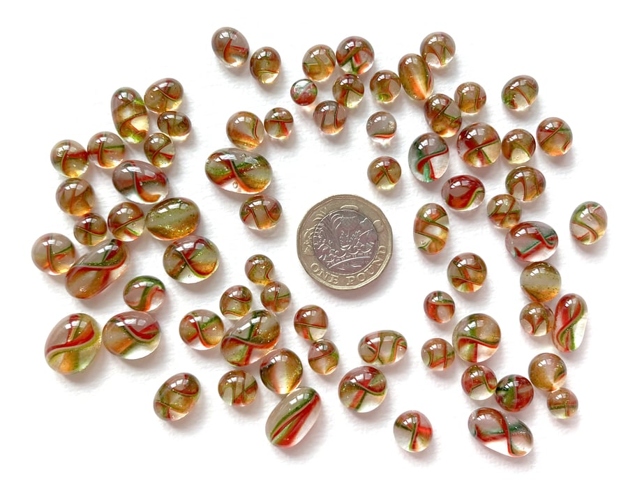 50g red, white, green fused glass cabochons made with Bullseye 90coe glass
