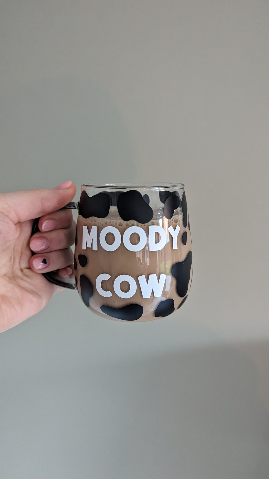 Moody Cow print glass mug
