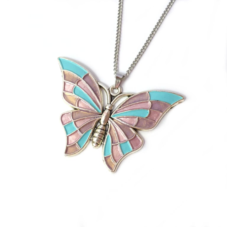 Turquoise and pink butterfly pendant, handpainted metal butterfly necklace