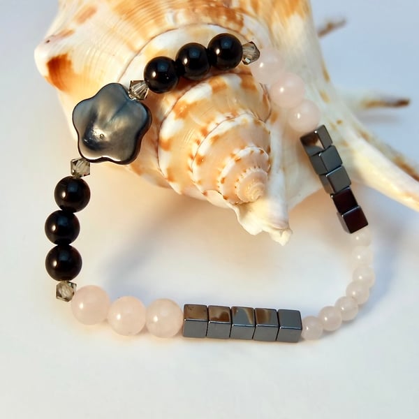 Rose Quartz & Obsidian Bracelet With Mother Of Pearl Flower - Handmade In Devon