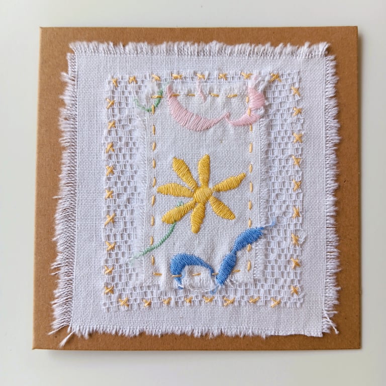 Hand Embroidered Card - Created with Upcycled Vintage Fabrics