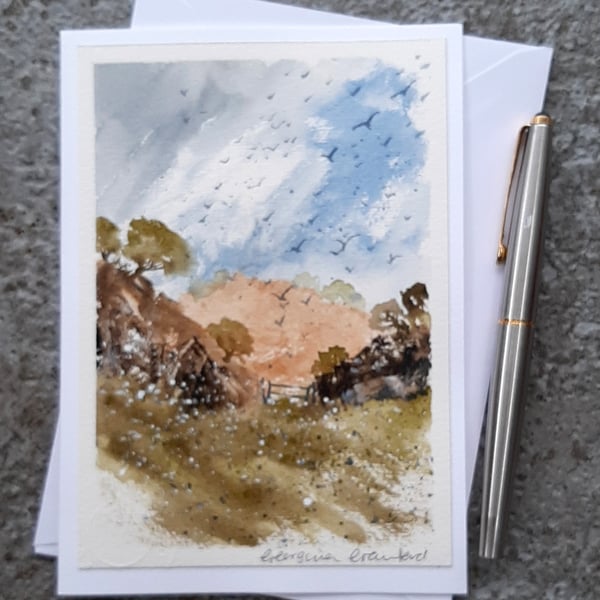 Blank Card. Handpainted Watercolour. Wall Art. Rooks and Buzzards.