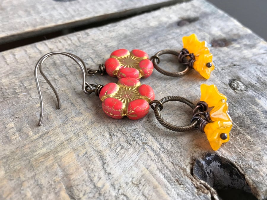 Red & Yellow Flower Cluster Earrings. Gypsy Bohemian Festival Jewellery