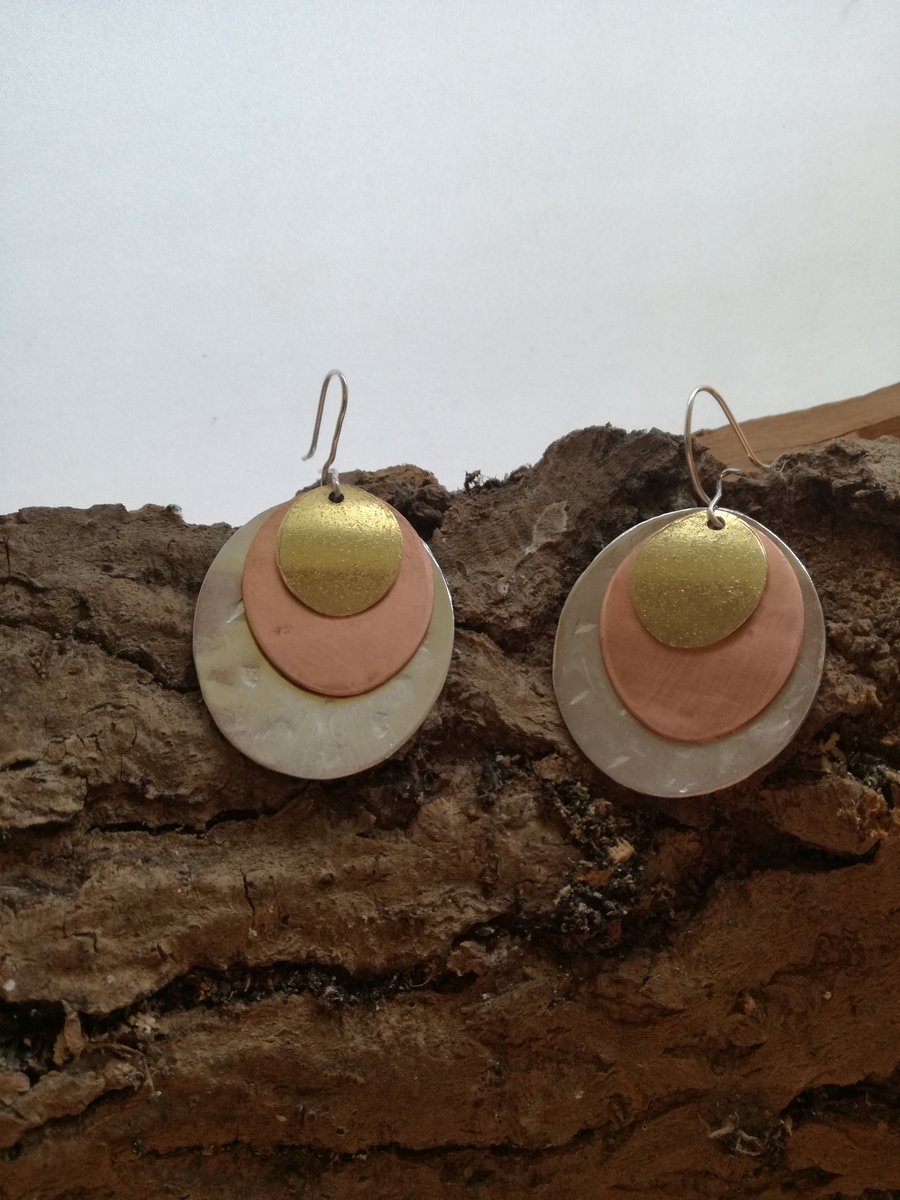 Three colour silver, copper and brass layered drop earrings
