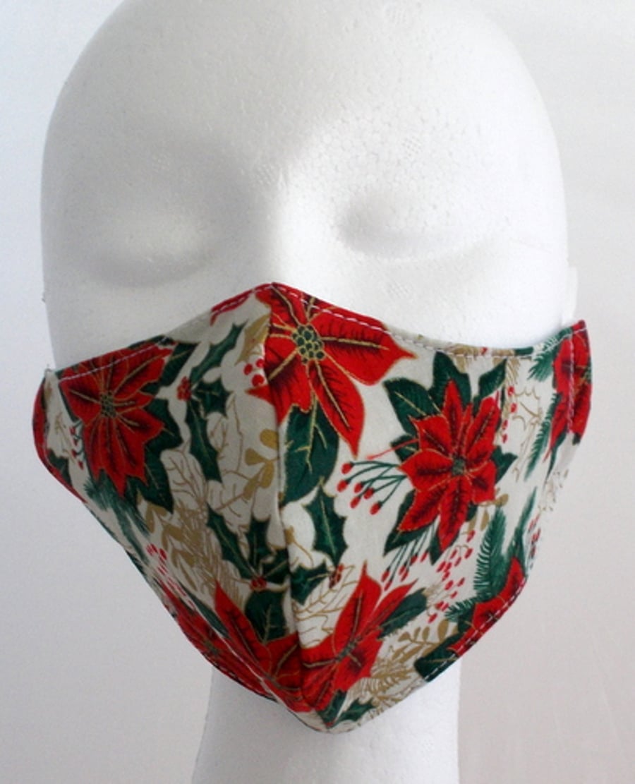 Hand made medium face mask with poinsettia
