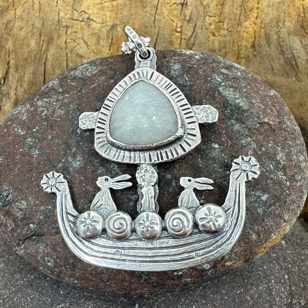 Hare Viking Ship Pendant with Moonstone