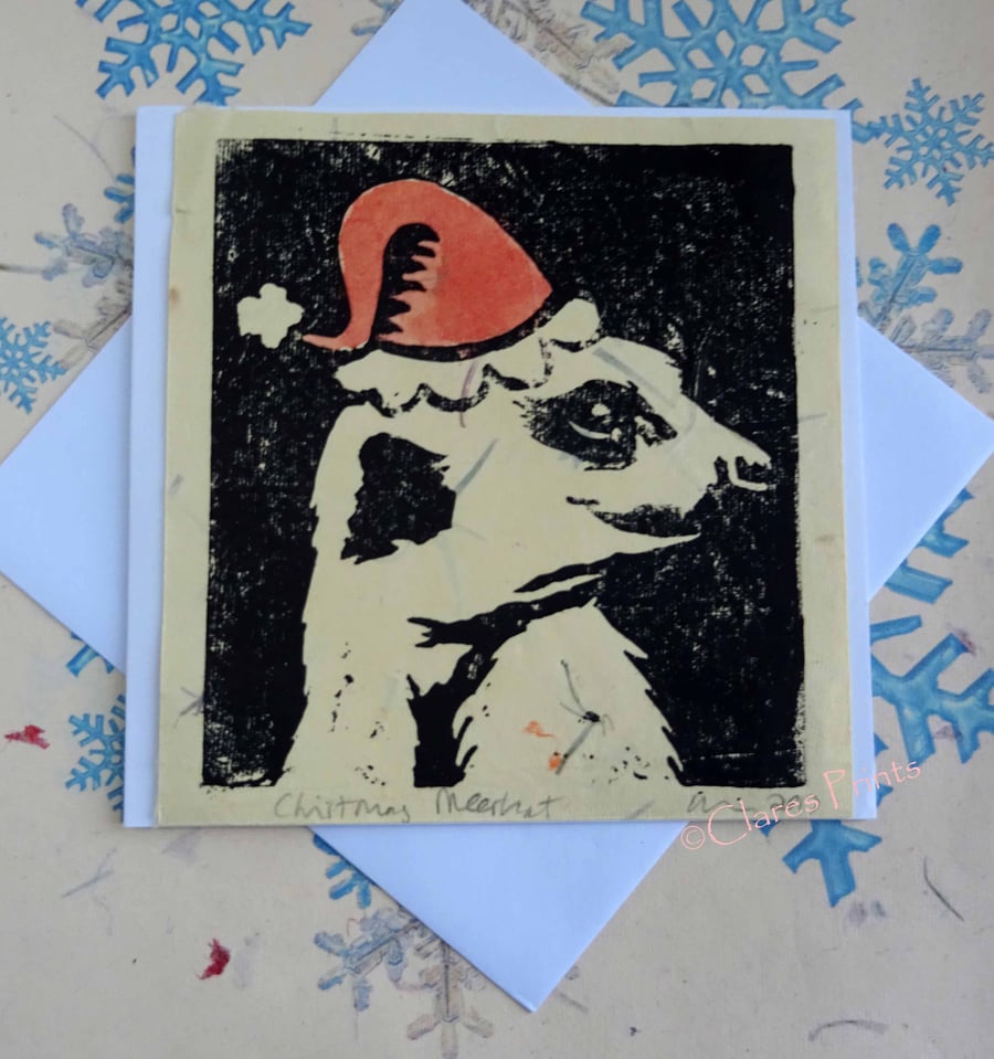 Christmas Meerkat Art Lino Print Greeting Card Meercat 