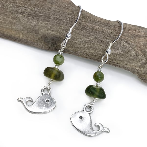 Whale Earrings. Green Sea Glass & Jade Crystal Beads. Silver Jewellery