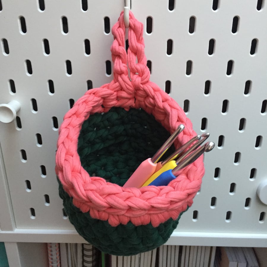 Small crochet hanging basket, pegboard basket - green and coral