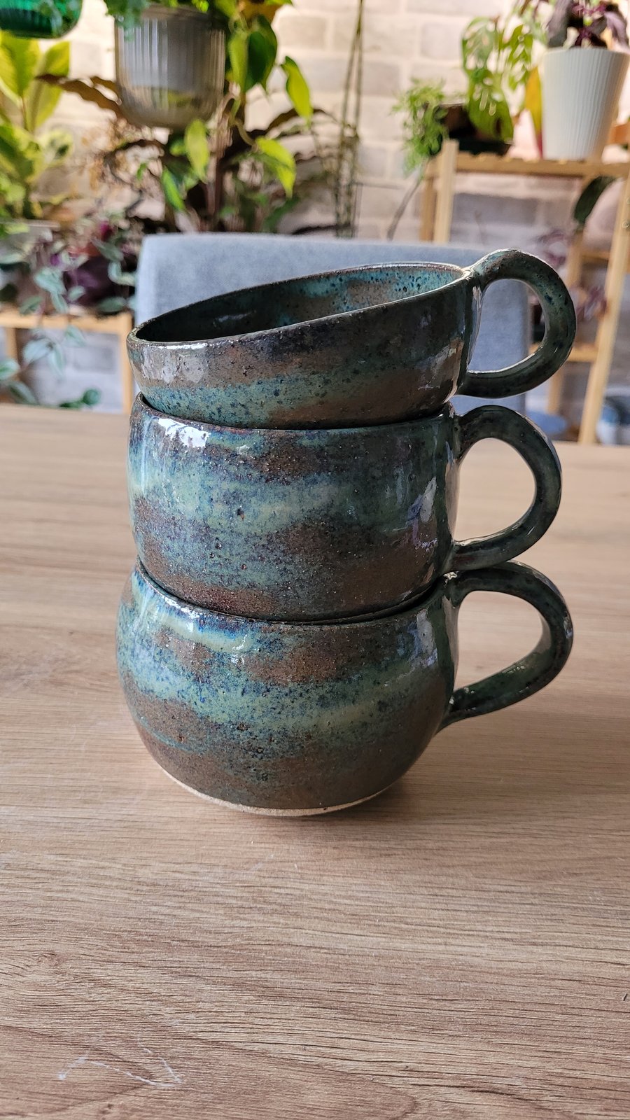 Trio of Blue-Green Mugs Handmade Pottery